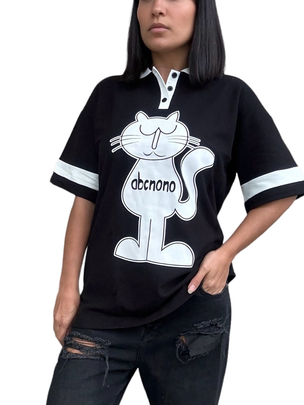 Black & White Cat Graphic Polo Tshirt